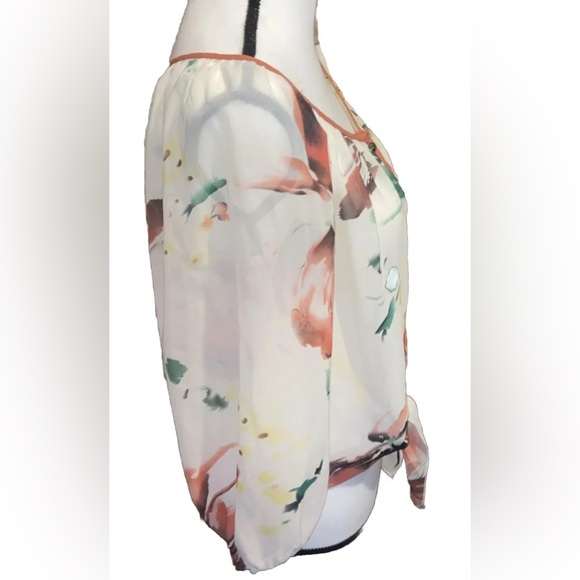 Daytrip Womens Large Button Down Tie Waist Sheer Floral Balloon Slv Blouse - Picture 8 of 12